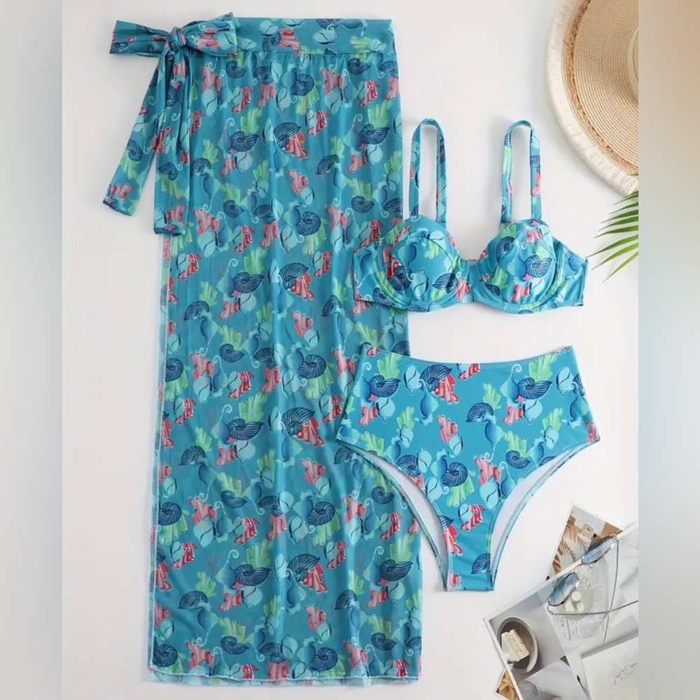 3-pc Blue Snail Shells Print High Waist Bikini Set w Coverup (XL/12)